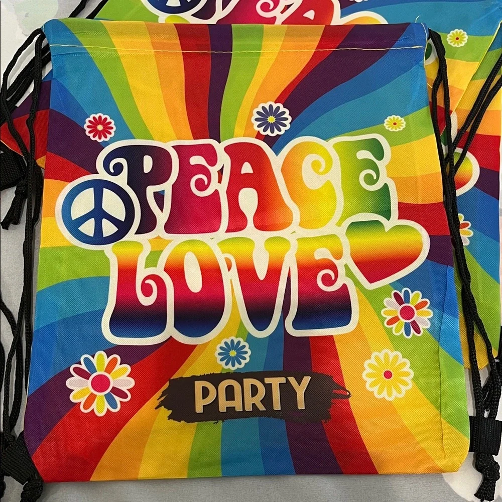 NWOT FREE SPIRIT and Peace Love Drawstring Party Bags Colorful Design, 7 Bag Set
